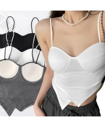 Summer Bra Cotton Crop Tops Chest Padded Spaghetti Strap Vest Top for Women Sexy Slim Shoulder Sleeveless Camisole Underwear ...