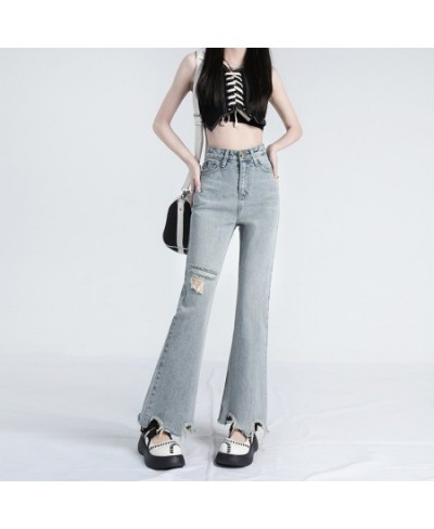 Light color ripped micro ripped jeans women's summer thin style high waist show thin person design sense irregular flare pant...