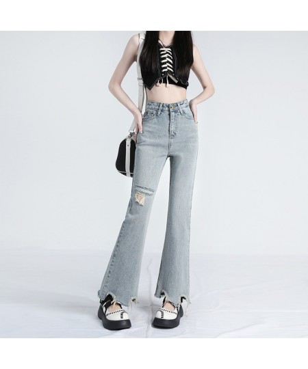 Light color ripped micro ripped jeans women's summer thin style high waist show thin person design sense irregular flare pant...