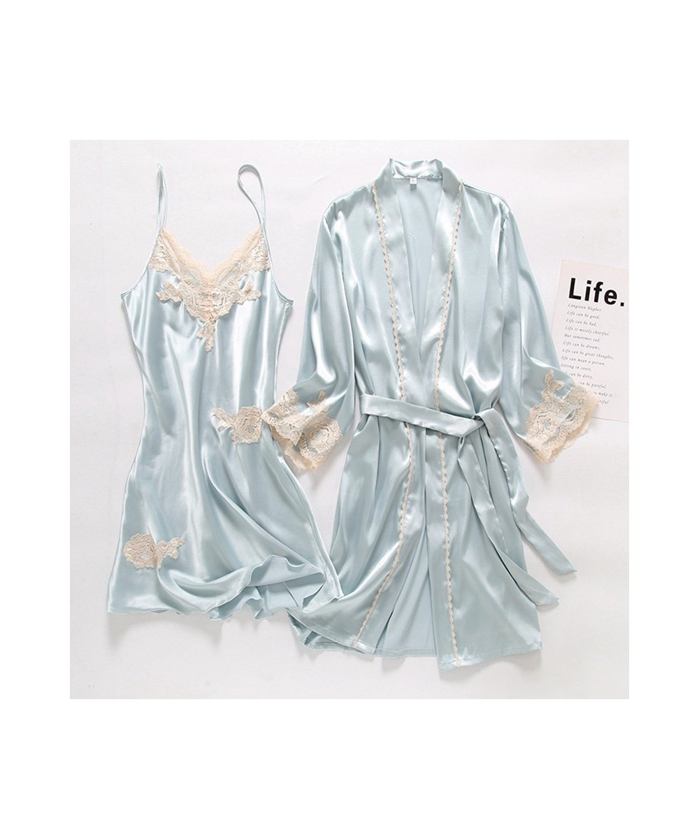 Nightshirt Set 2PC Silk Robe Sleep Suit Womens Lace Satin Pajamas Gown Set V-Neck Nighties Wear Pijama Home Nightwear $44.95 ...