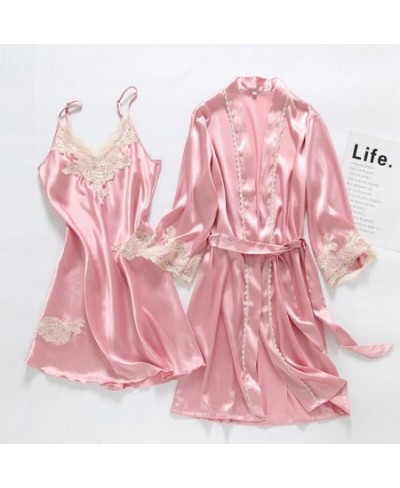 Nightshirt Set 2PC Silk Robe Sleep Suit Womens Lace Satin Pajamas Gown Set V-Neck Nighties Wear Pijama Home Nightwear $44.95 ...