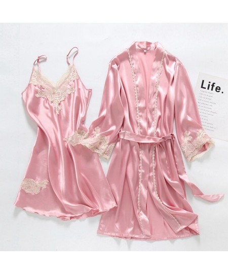 Nightshirt Set 2PC Silk Robe Sleep Suit Womens Lace Satin Pajamas Gown Set V-Neck Nighties Wear Pijama Home Nightwear $44.95 ...