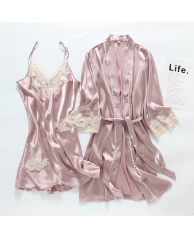 Nightshirt Set 2PC Silk Robe Sleep Suit Womens Lace Satin Pajamas Gown Set V-Neck Nighties Wear Pijama Home Nightwear $44.95 ...