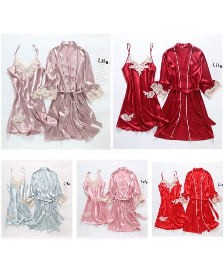 Nightshirt Set 2PC Silk Robe Sleep Suit Womens Lace Satin Pajamas Gown Set V-Neck Nighties Wear Pijama Home Nightwear $44.95 ...