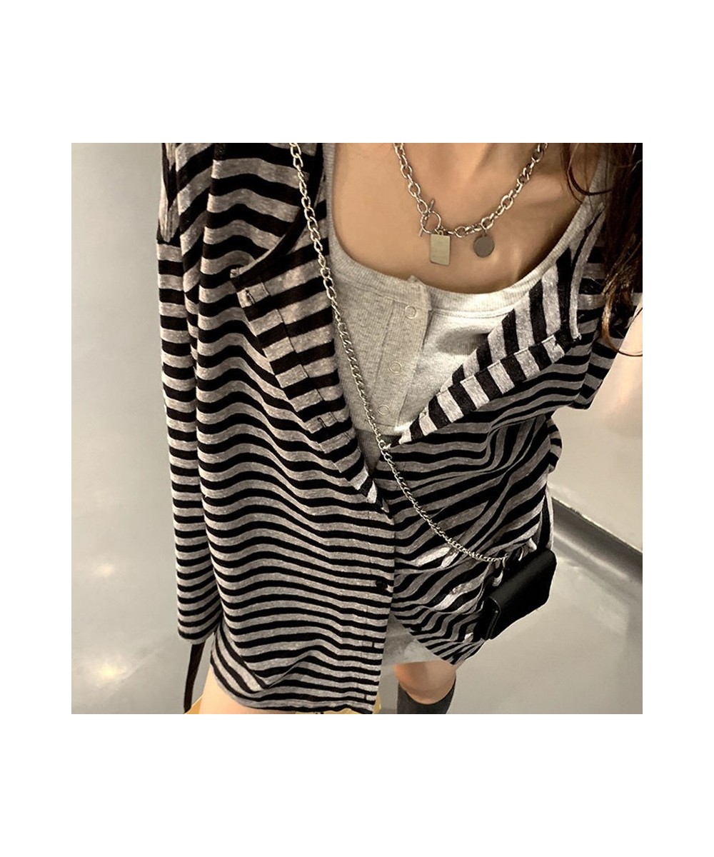 2000s Striped Cardigan Korean Fashion Autumn Button Up Long Sleeve Baggy Style Coats Harajuku Grunge Vitnage Long Tops $41.11...