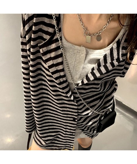 2000s Striped Cardigan Korean Fashion Autumn Button Up Long Sleeve Baggy Style Coats Harajuku Grunge Vitnage Long Tops $41.11...