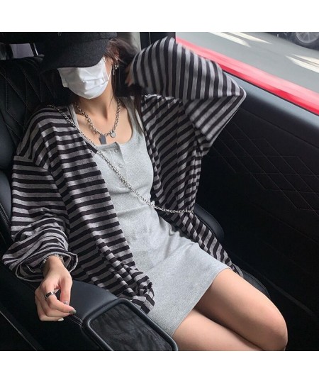 2000s Striped Cardigan Korean Fashion Autumn Button Up Long Sleeve Baggy Style Coats Harajuku Grunge Vitnage Long Tops $41.11...