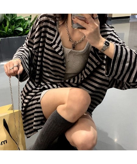 2000s Striped Cardigan Korean Fashion Autumn Button Up Long Sleeve Baggy Style Coats Harajuku Grunge Vitnage Long Tops $41.11...