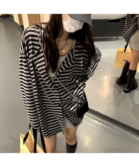 2000s Striped Cardigan Korean Fashion Autumn Button Up Long Sleeve Baggy Style Coats Harajuku Grunge Vitnage Long Tops $41.11...