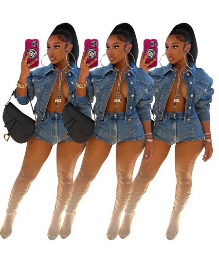 Denim Jacket Shorts Two Piece Pant Sets Women Y2K Streetwear Fashion Outfits Jeans Jackets Sexy Crop Tops Coats 2 Pieces Set ...