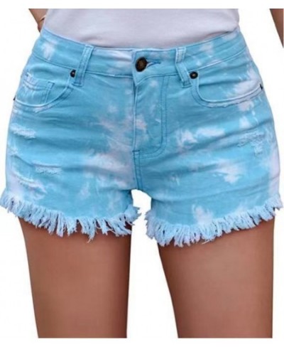 Women Medium Waist Light Washed Tie Dyed Tassel Hole Denim Shorts Female Cut Out Super Shorts Nightclub $32.88 - Bottoms