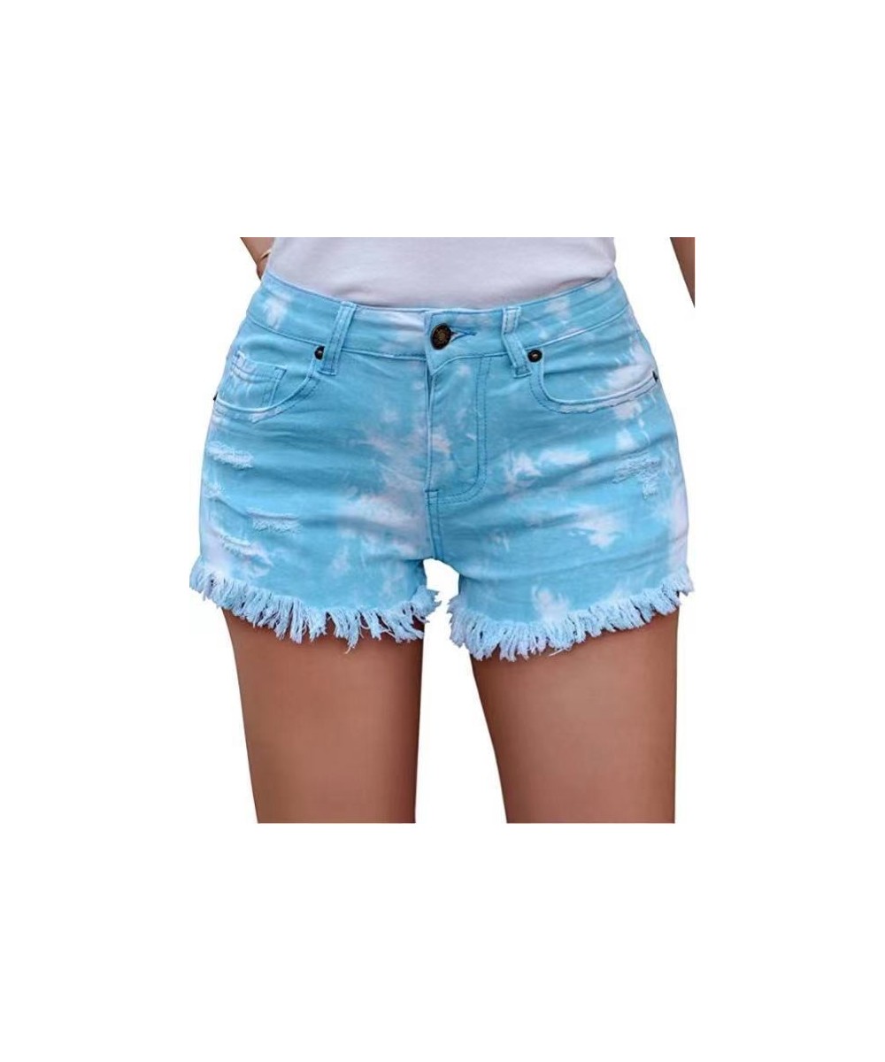 Women Medium Waist Light Washed Tie Dyed Tassel Hole Denim Shorts Female Cut Out Super Shorts Nightclub $32.88 - Bottoms