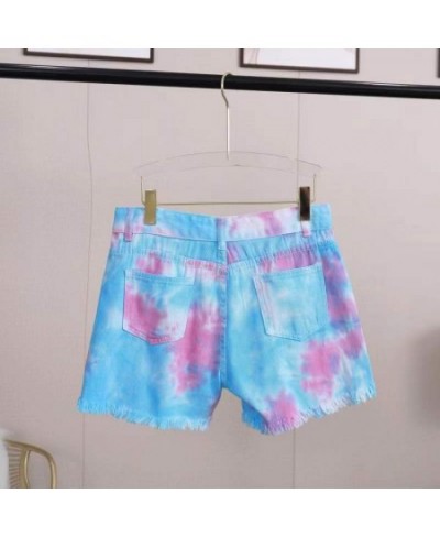 Women Medium Waist Light Washed Tie Dyed Tassel Hole Denim Shorts Female Cut Out Super Shorts Nightclub $32.88 - Bottoms