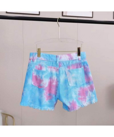 Women Medium Waist Light Washed Tie Dyed Tassel Hole Denim Shorts Female Cut Out Super Shorts Nightclub $32.88 - Bottoms