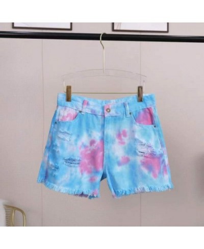 Women Medium Waist Light Washed Tie Dyed Tassel Hole Denim Shorts Female Cut Out Super Shorts Nightclub $32.88 - Bottoms