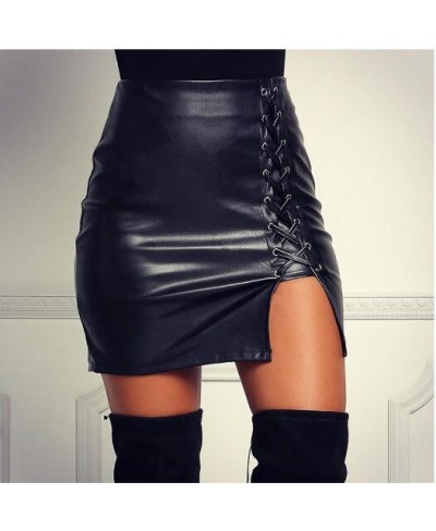 Black Lace Up PU Leather Skirts 2023 Spring Autumn Womens Side Split Pencil Skirts Vintage High Waist Bodycon Mini Skirt $22....