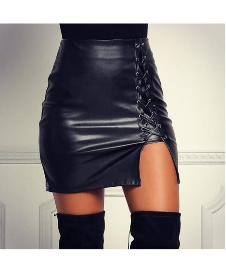 Black Lace Up PU Leather Skirts 2023 Spring Autumn Womens Side Split Pencil Skirts Vintage High Waist Bodycon Mini Skirt $22....