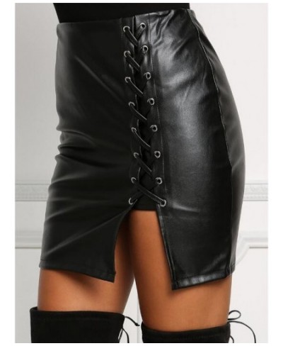 Black Lace Up PU Leather Skirts 2023 Spring Autumn Womens Side Split Pencil Skirts Vintage High Waist Bodycon Mini Skirt $22....