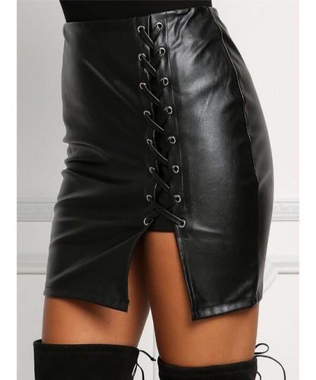 Black Lace Up PU Leather Skirts 2023 Spring Autumn Womens Side Split Pencil Skirts Vintage High Waist Bodycon Mini Skirt $22....