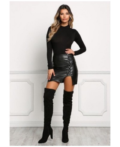 Black Lace Up PU Leather Skirts 2023 Spring Autumn Womens Side Split Pencil Skirts Vintage High Waist Bodycon Mini Skirt $22....