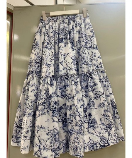 Designer retro printed high waist skirt ladies spring new fashion Joker loose pleated big swing fluffy skirt slim A-line skir...