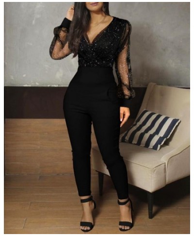 2023 Women Fashion Elegant Casual Sheer Mesh Glitter Pocket Design Jumpsuit V-Neck Long Sleeve Pocket Design Sexy $39.02 - Ju...