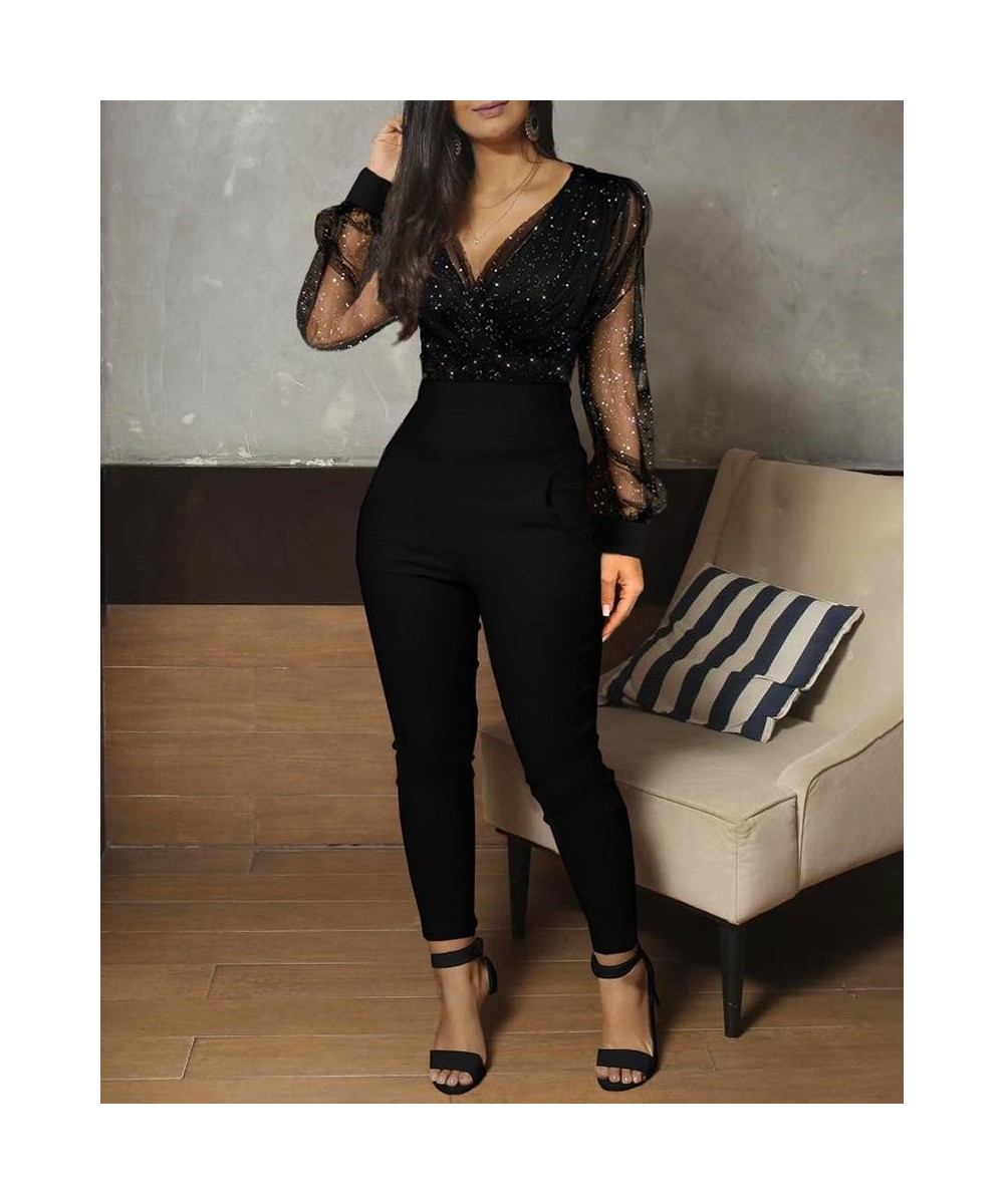 2023 Women Fashion Elegant Casual Sheer Mesh Glitter Pocket Design Jumpsuit V-Neck Long Sleeve Pocket Design Sexy $39.02 - Ju...