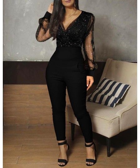 2023 Women Fashion Elegant Casual Sheer Mesh Glitter Pocket Design Jumpsuit V-Neck Long Sleeve Pocket Design Sexy $39.02 - Ju...