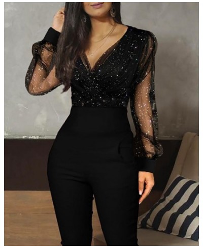 2023 Women Fashion Elegant Casual Sheer Mesh Glitter Pocket Design Jumpsuit V-Neck Long Sleeve Pocket Design Sexy $39.02 - Ju...