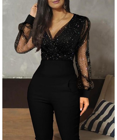 2023 Women Fashion Elegant Casual Sheer Mesh Glitter Pocket Design Jumpsuit V-Neck Long Sleeve Pocket Design Sexy $39.02 - Ju...