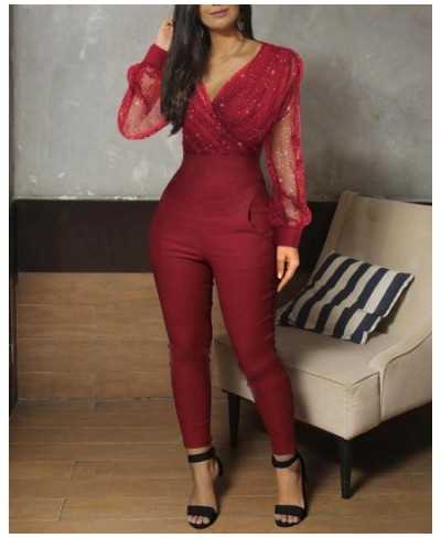 2023 Women Fashion Elegant Casual Sheer Mesh Glitter Pocket Design Jumpsuit V-Neck Long Sleeve Pocket Design Sexy $39.02 - Ju...