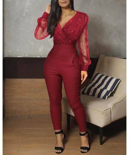 2023 Women Fashion Elegant Casual Sheer Mesh Glitter Pocket Design Jumpsuit V-Neck Long Sleeve Pocket Design Sexy $39.02 - Ju...