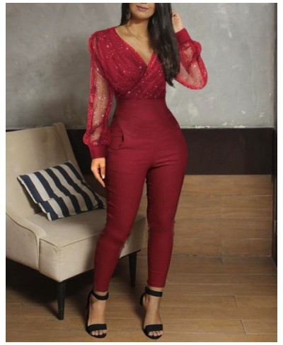 2023 Women Fashion Elegant Casual Sheer Mesh Glitter Pocket Design Jumpsuit V-Neck Long Sleeve Pocket Design Sexy $39.02 - Ju...