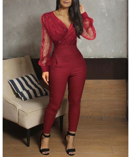 2023 Women Fashion Elegant Casual Sheer Mesh Glitter Pocket Design Jumpsuit V-Neck Long Sleeve Pocket Design Sexy $39.02 - Ju...