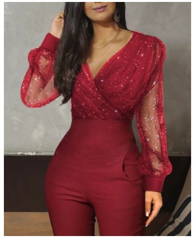 2023 Women Fashion Elegant Casual Sheer Mesh Glitter Pocket Design Jumpsuit V-Neck Long Sleeve Pocket Design Sexy $39.02 - Ju...