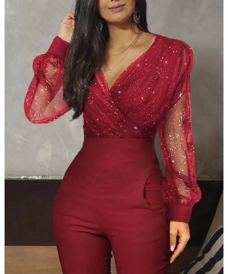 2023 Women Fashion Elegant Casual Sheer Mesh Glitter Pocket Design Jumpsuit V-Neck Long Sleeve Pocket Design Sexy $39.02 - Ju...