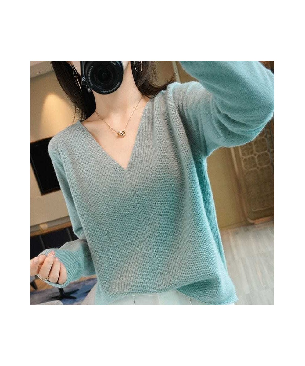 Korean Fashion Solid Color V-Neck Knitted Sweaters Women's Clothing 2022 Autumn Casual Commute All-match Loose Pullovers Top ...