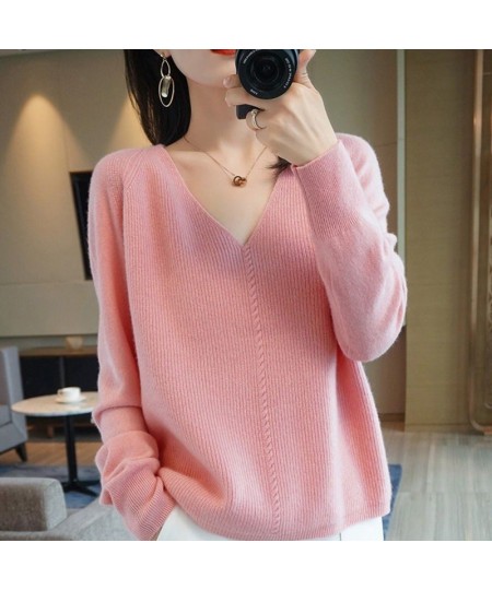 Korean Fashion Solid Color V-Neck Knitted Sweaters Women's Clothing 2022 Autumn Casual Commute All-match Loose Pullovers Top ...