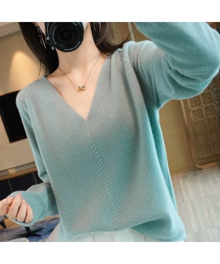 Korean Fashion Solid Color V-Neck Knitted Sweaters Women's Clothing 2022 Autumn Casual Commute All-match Loose Pullovers Top ...