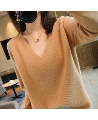 Korean Fashion Solid Color V-Neck Knitted Sweaters Women's Clothing 2022 Autumn Casual Commute All-match Loose Pullovers Top ...