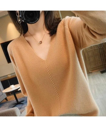 Korean Fashion Solid Color V-Neck Knitted Sweaters Women's Clothing 2022 Autumn Casual Commute All-match Loose Pullovers Top ...