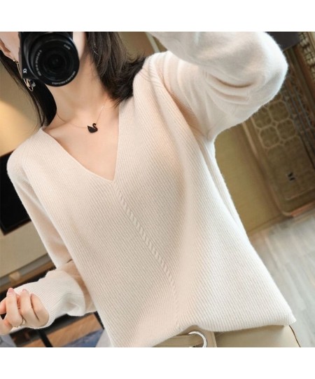 Korean Fashion Solid Color V-Neck Knitted Sweaters Women's Clothing 2022 Autumn Casual Commute All-match Loose Pullovers Top ...