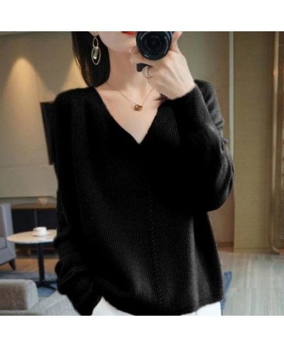 Korean Fashion Solid Color V-Neck Knitted Sweaters Women's Clothing 2022 Autumn Casual Commute All-match Loose Pullovers Top ...