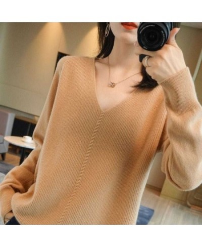 Korean Fashion Solid Color V-Neck Knitted Sweaters Women's Clothing 2022 Autumn Casual Commute All-match Loose Pullovers Top ...