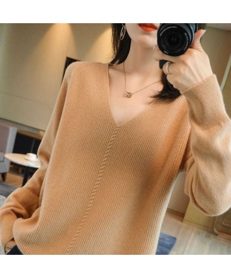 Korean Fashion Solid Color V-Neck Knitted Sweaters Women's Clothing 2022 Autumn Casual Commute All-match Loose Pullovers Top ...