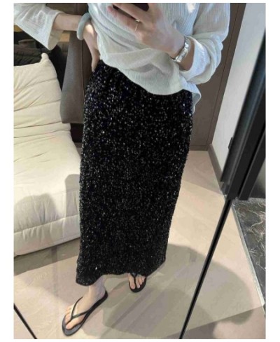 Skirts Women Autumn High Waist Midi Sequined Elegant Korean Fashion Back Slit A-line Loose Casual Simple All-match Faldas $32...