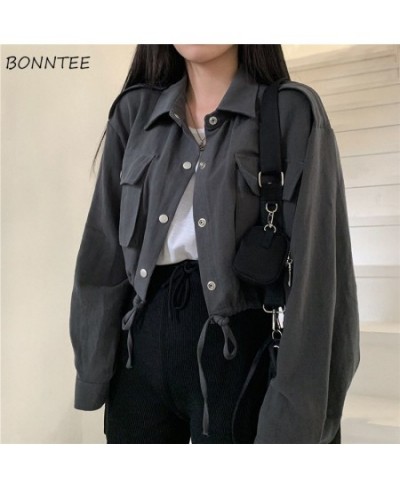 Basic Jackets Women Spring Cropped Cargo Outwear Korean Style All-match Tunic Lapel Streetwear Punk Girl Pockets Fashion $29....