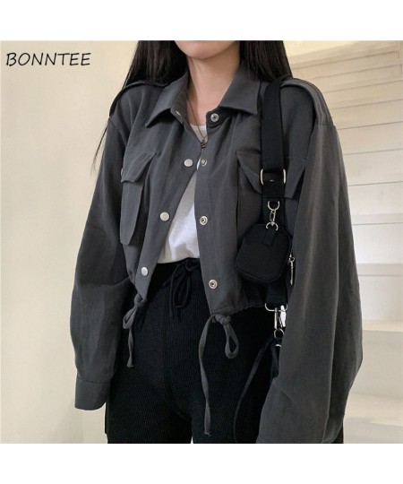 Basic Jackets Women Spring Cropped Cargo Outwear Korean Style All-match Tunic Lapel Streetwear Punk Girl Pockets Fashion $29....