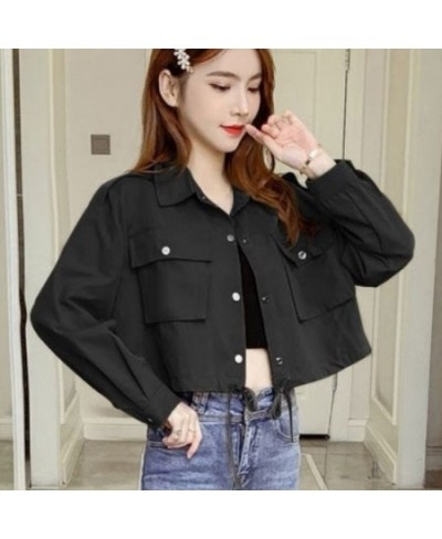 Basic Jackets Women Spring Cropped Cargo Outwear Korean Style All-match Tunic Lapel Streetwear Punk Girl Pockets Fashion $29....