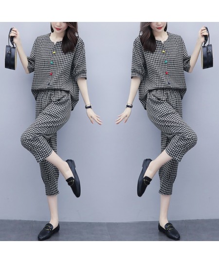 2023 Summer Women's 2Pcs Plaid V-neck Blouse+Pants Office Lady Two Pieces Set Casual Fashion Tops & Ankle-length Trousers Set...